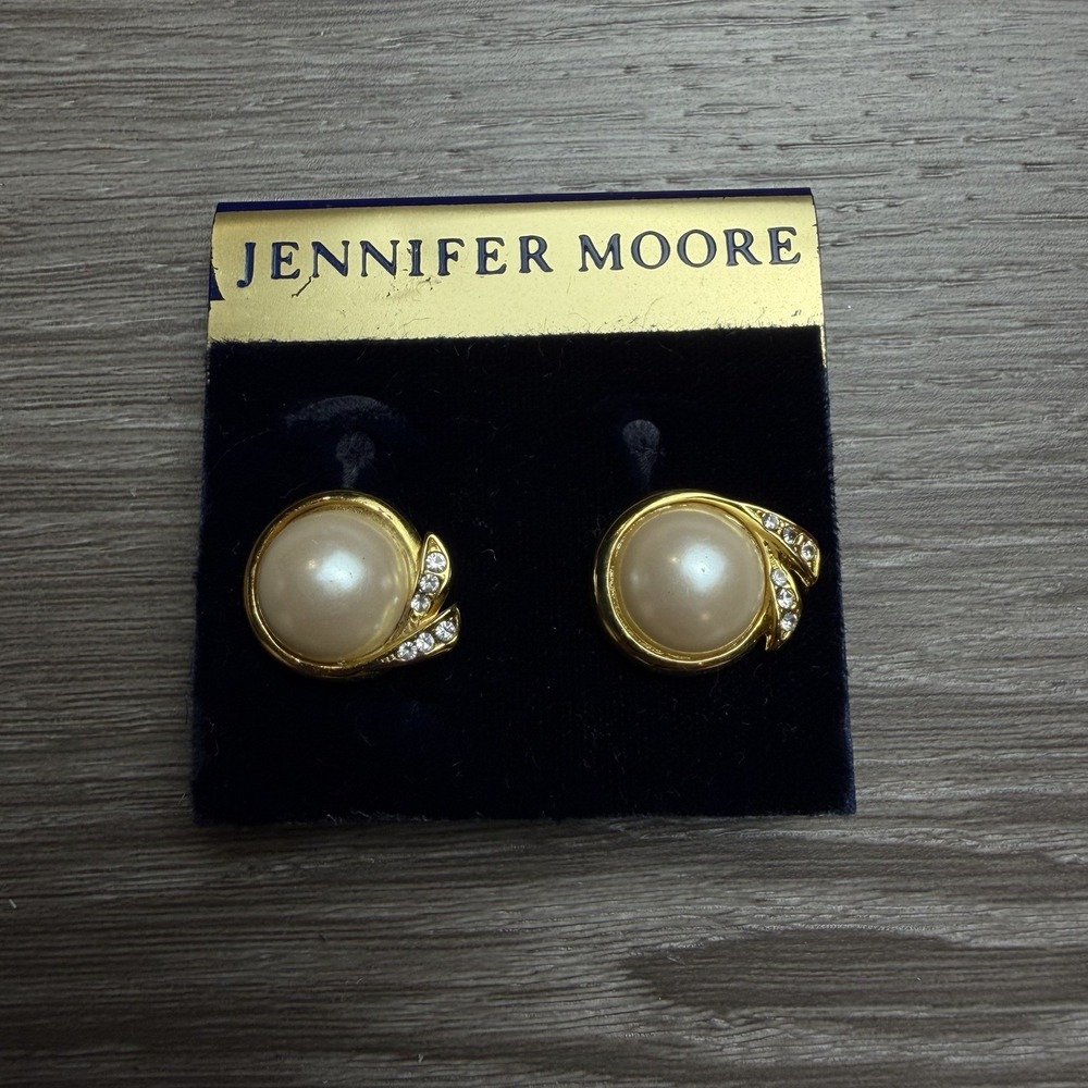 Vintage Jennifer Moore Faux Pearl Gold Tone Rhinestone Accent Clip On Earrings